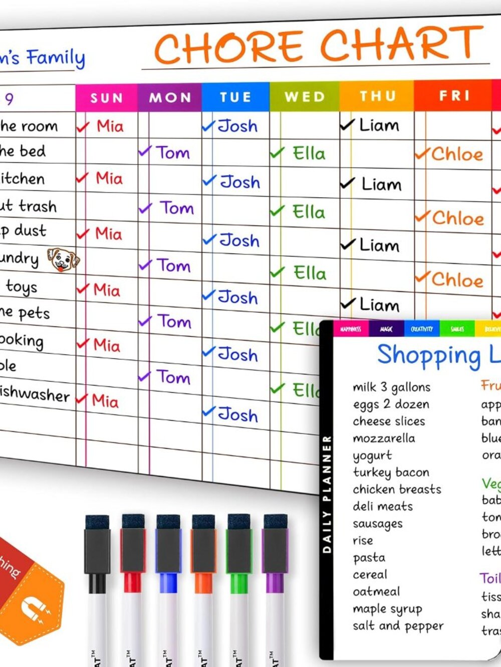 Magnetic Chore Chart Dry Erase Whiteboard Set - Pocket Charts for Multiple Kids,